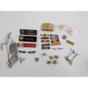 Vintage US Navy Military Insignia Lot Johnson Pins Ribbons Dog Tags Buckle